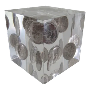 Vintage C.1970's Mid-Century Lucite & Dime Incapsulated Paperweight, Accent Piece