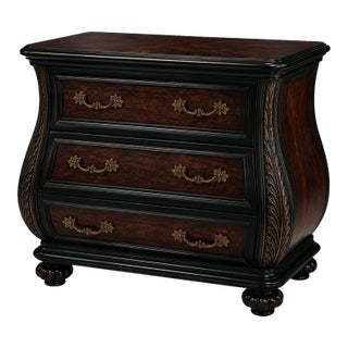 Vintage Bombay Chest in Smoked Onyx Emerald & Old Chapel Smoked Walnut — Transitional Designer Bombe Cabinet For Sale