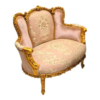 French Louis XV Loveseat Sofa With Gold Leaf Frame & Pink Damask Upholstery For Sale