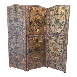 Antique 19th Century Painted Leather Folding Screen For Sale
