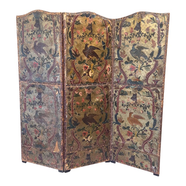 Antique 19th Century Painted Leather Folding Screen For Sale