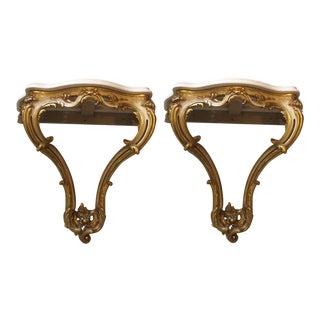 Italian Carved Wood and Marble Wall Hung Console Tables - a Pair For Sale