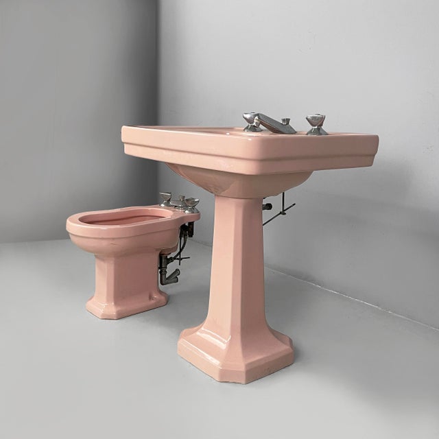 Italian Art Deco Pink Ceramic Bidet and Sink, 1920s, Set of 2 For Sale - Image 4 of 18