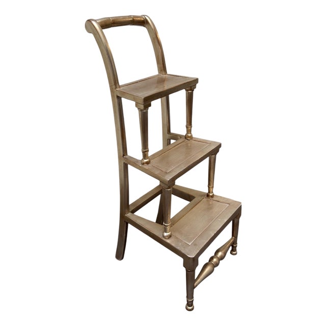 Nancy Corzine White Gold Giltwood Library Step Ladder, Attributed For Sale