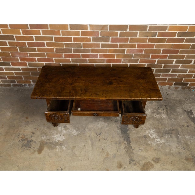 French 1800s Walnut Desk with Three Drawers, Carved Floral Motifs and Patina For Sale In Atlanta - Image 6 of 12