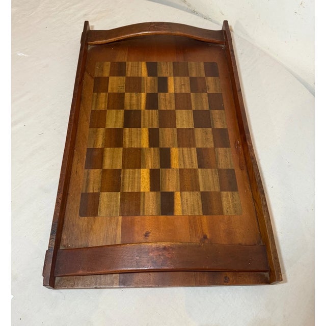Wood Antique Hand Carved Wooden Gaming Chess Checker Board Game Serving Butlers Tray For Sale - Image 7 of 10