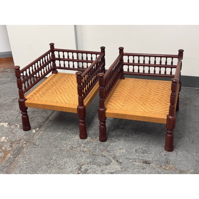 Indian Indian Vintage Rush Seat Low Chairs, Pair For Sale - Image 3 of 12