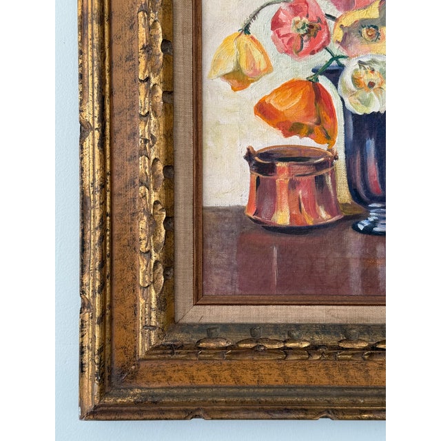 Vintage Mid-Century Oil on Canvas Still Life of Poppies & Copper Pot, Framed For Sale In New York - Image 6 of 16