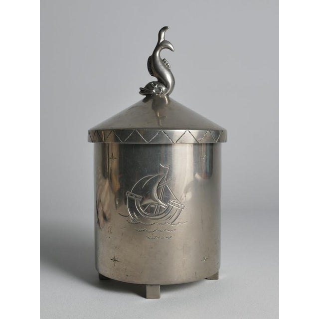 Swedish Pewter Lidded Jar with Sculptural Fish Finial and Ship Engraving, 1928 For Sale - Image 6 of 18