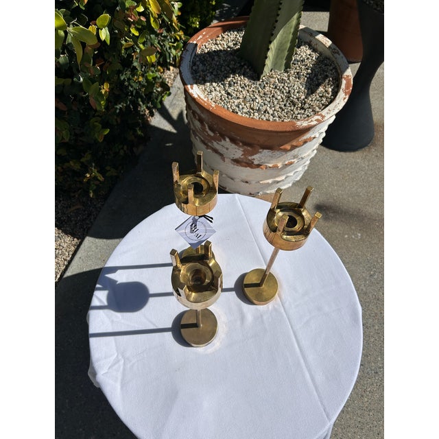 Vintage Mid-Century Brass Candlestick Trio For Sale - Image 13 of 15
