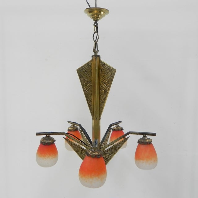 Art Deco Brass Hanging Lamp with 5 Pates De Verre Shades, 1930s For Sale - Image 10 of 18