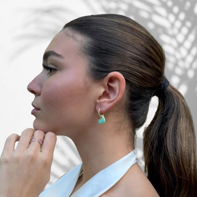 Green Enamel Heart Diamond Hoop Gold Earrings, A Pair For Sale - Image 4 of 7