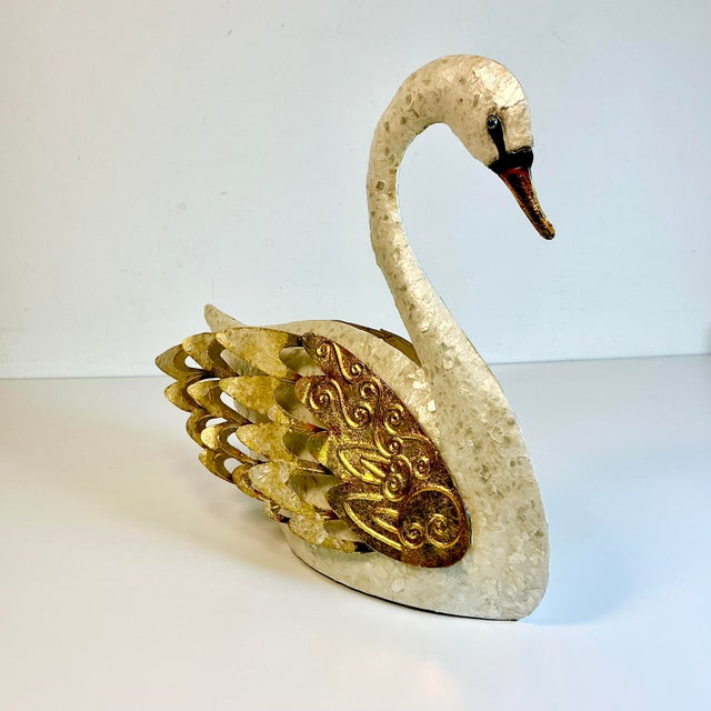 Mid 20th Century Mid-Century Coastal Hollywood Regency Italian Capiz Shell Encrusted Tole Swan Sculpture. For Sale - Image 5 of 16