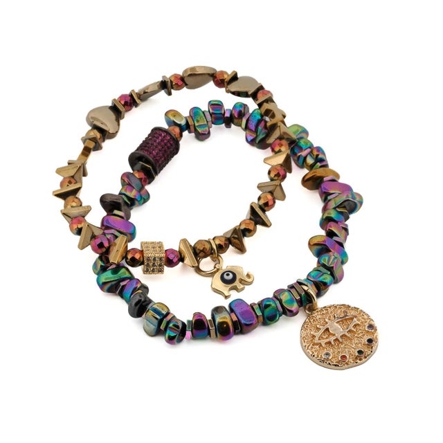 Multicolor Hematite Stone Protective Evil Eye Lucky Elephant Bracelet Set For Sale - Image 9 of 11