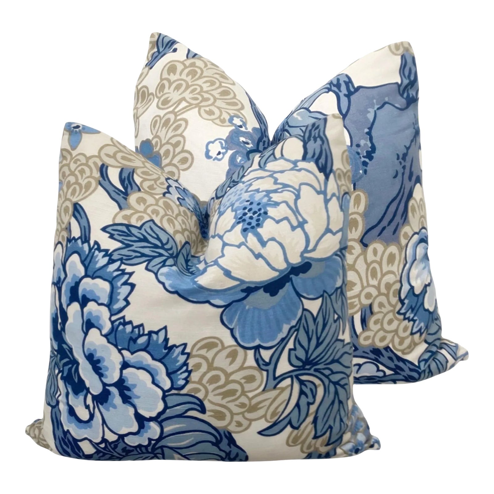 Thibaut Honshu Blue and Beige TwoSided 22" Down Pillows a Pair