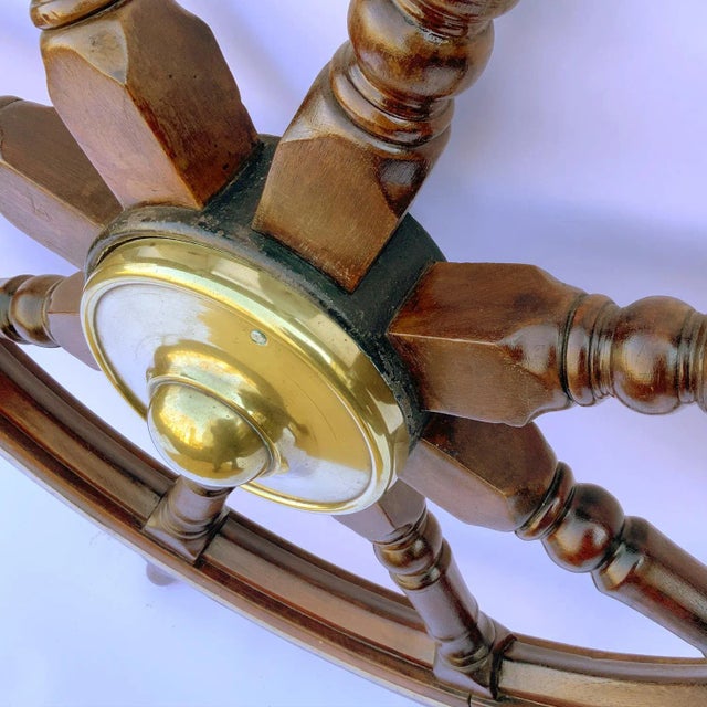1910s Antique Wood and Brass Ship's Wheel For Sale - Image 5 of 8