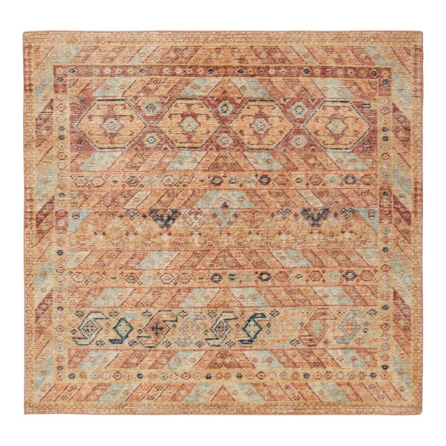 Distressed Tribal Style Square Rug in Orange, Red & Blue Pattern by Rug & Kilim For Sale