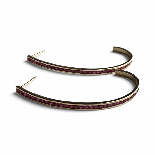 14k Yellow Gold 2 Inch Long Half Hoop Ruby Earrings 1.86 Carats, A Pair For Sale - Image 4 of 9