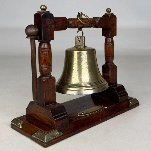Antique English Edwardian Nautical Brass Bell with Oak Stand, 1900s For Sale - Image 9 of 12