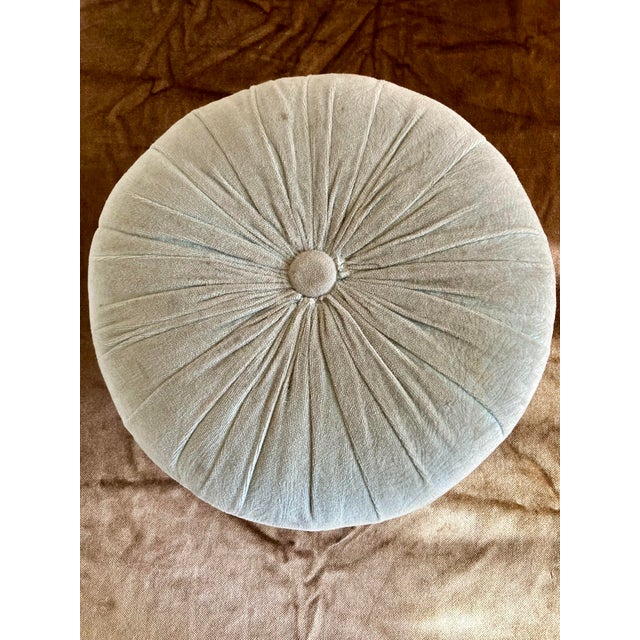 Metal Vintage Hollywood Regency Pleated Sage Green Velvet Round Ottoman Featuring Elegant Cast Brass Cabriole Legs For Sale - Image 7 of 14