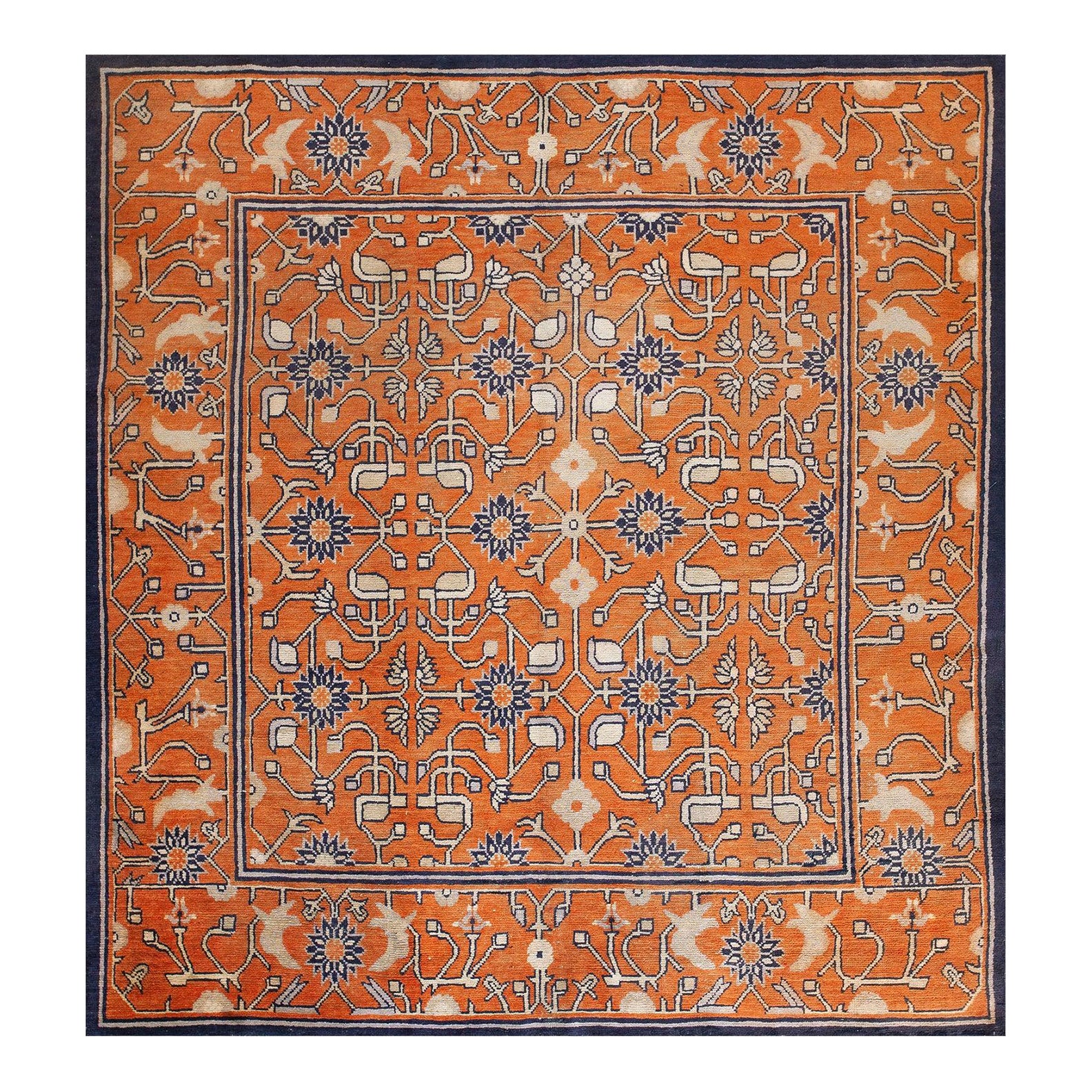 Superb Persimmon Color and Navy Border With Chinoiserie Pattern Antique ...