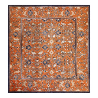 Superb Persimmon Color and Navy Border With Chinoiserie Pattern Antique Chinese Kansu Rug For Sale