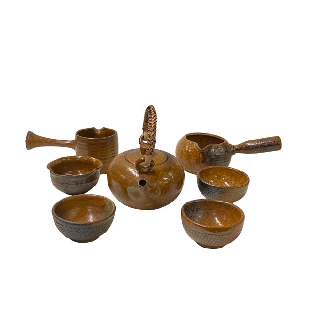 Asian Set 7 Pieces Ceramic Copper Color Glaze Teapot Teacups Deco Display For Sale - Image 3 of 6