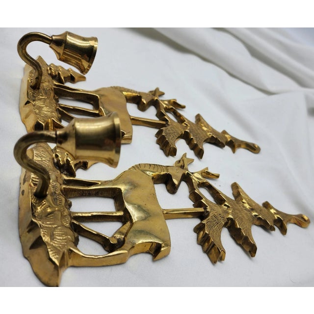 1950s 1950s Brass Deer & Pine Tree Candle Sconces- a Pair For Sale - Image 5 of 7