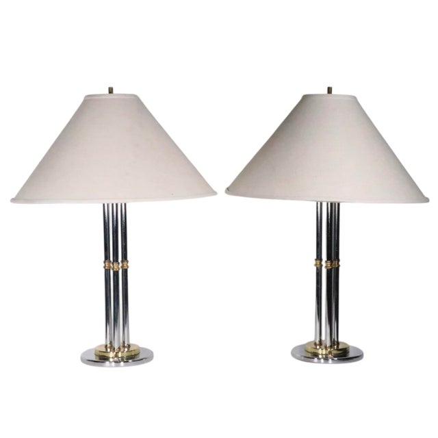 Late 20th Century Hollywood Regency Chrome and Brass Table Lamps - a Pair For Sale - Image 12 of 12