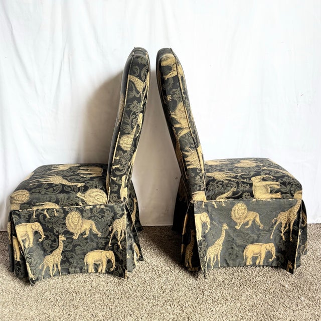 Late 20th Century Vintage Regency Black and Gold Animals Skirted Parsons Dining Chairs - Set of 4 For Sale - Image 5 of 10