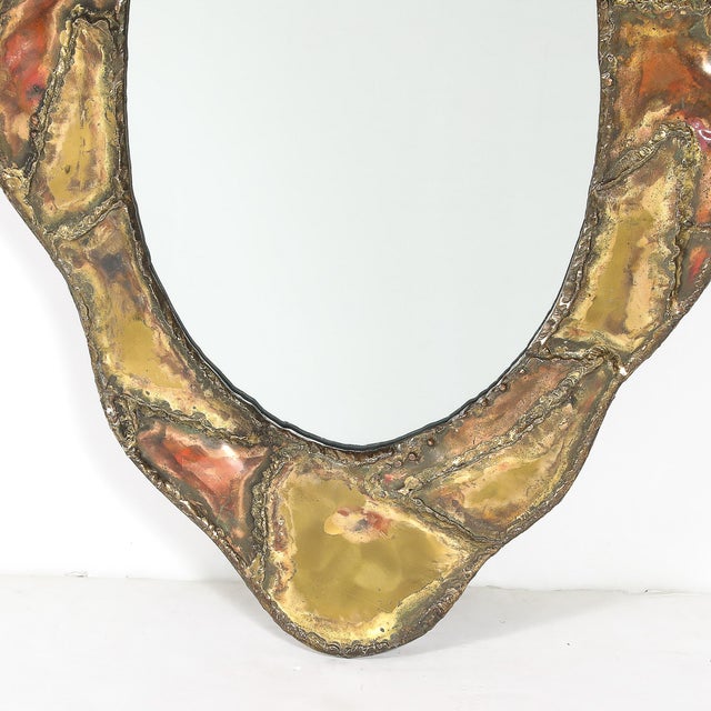 Mid-Century Brutalist Textural Welded Brass & Copper Bordered Signed Mirror For Sale - Image 4 of 16