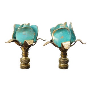 Vintage Italian Tole Rose Finials, Sea Foam Green With Gold Leaf, a Pair by C. Damien Fox For Sale