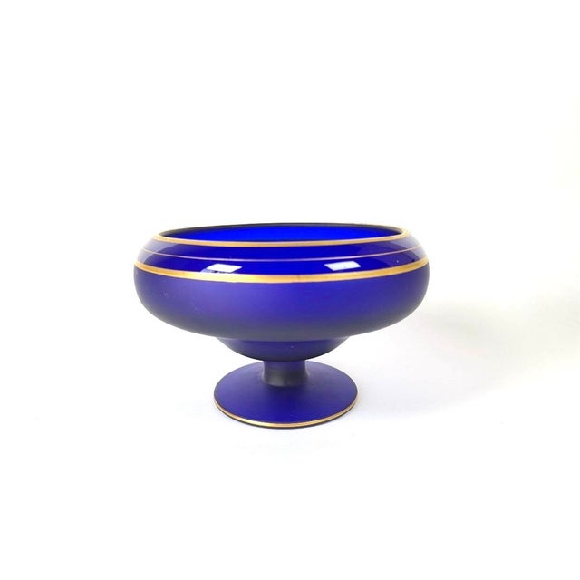 1930s Art Deco Cobalt Blue Satin Glass Candlesticks & Centerpiece Bowl Set For Sale In Atlanta - Image 6 of 8