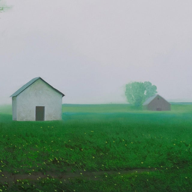 In "Spring Morning," a serene rural landscape unfolds, featuring a cluster of weathered barns set against a misty...