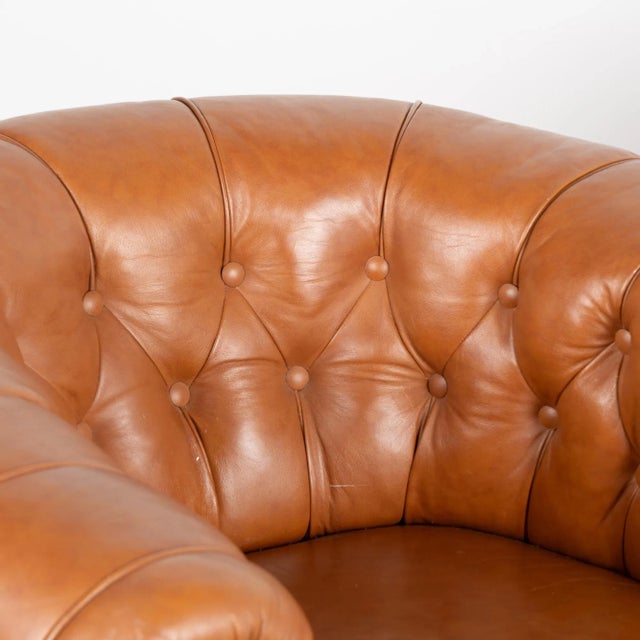 Pair, Vintage Brown Leather Barrel Back Arm Chairs, Denmark Circa 1940 For Sale - Image 4 of 13