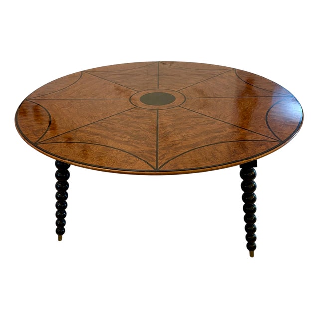 Large Antique Burr Pollard Oak and Ebony Inlaid Round Dining Table, 1930s For Sale
