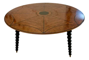 Large Antique Burr Pollard Oak and Ebony Inlaid Round Dining Table, 1930s