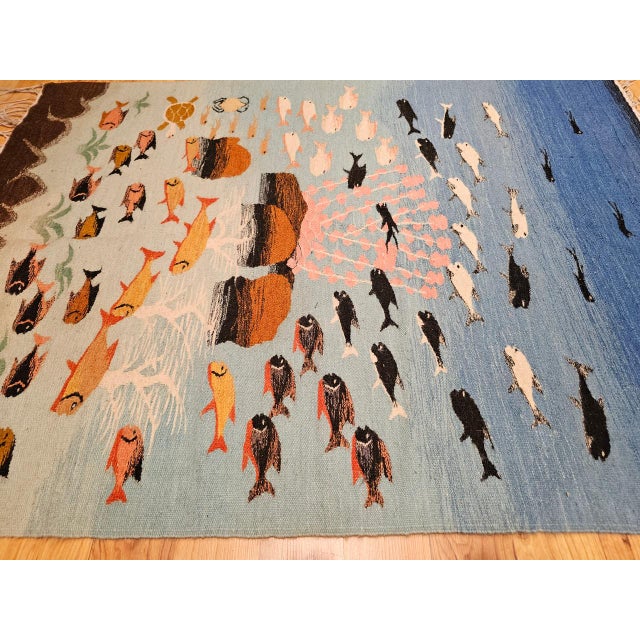 Mid 20th Century Vintage Hand-Woven Kilim Area Rug, Pictorial Ocean Scene Wall Art, 41” x 55” For Sale - Image 5 of 15