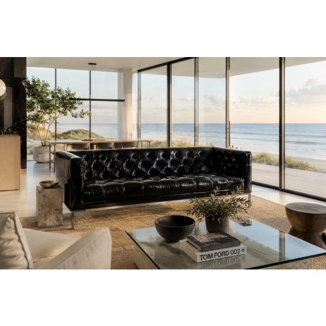 Mid-Century Modern Custom Edelman Black Patent Leather Tufted Tuxedo Sofa For Sale - Image 3 of 14