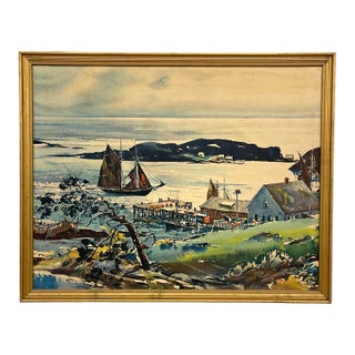 Vintage Framed Harbor Landscape Print by C. Ivar Gilbert - Coastal Sailboat & Village Scene, Gold-Tone Frame For Sale