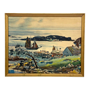 Vintage Framed Harbor Landscape Print by C. Ivar Gilbert - Coastal Sailboat & Village Scene, Gold-Tone Frame
