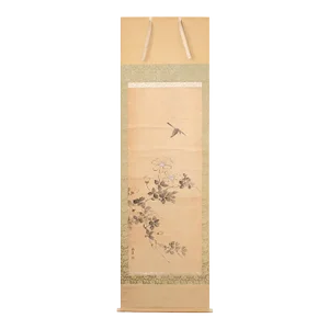 Early Showa Era Japanese Monochrome Scroll Painting "Sparrow and Camellia"