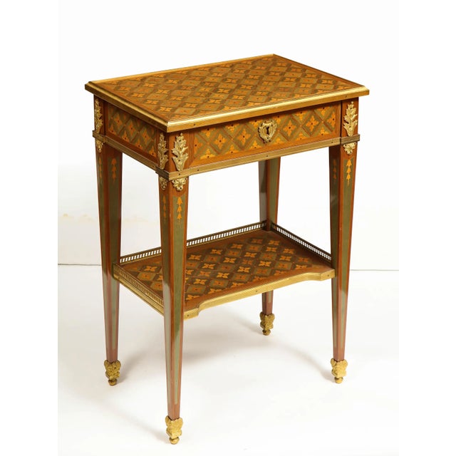Exceptional Pair of French Ormolu-Mounted Parquetry and Marquetry Side Tables For Sale - Image 17 of 17