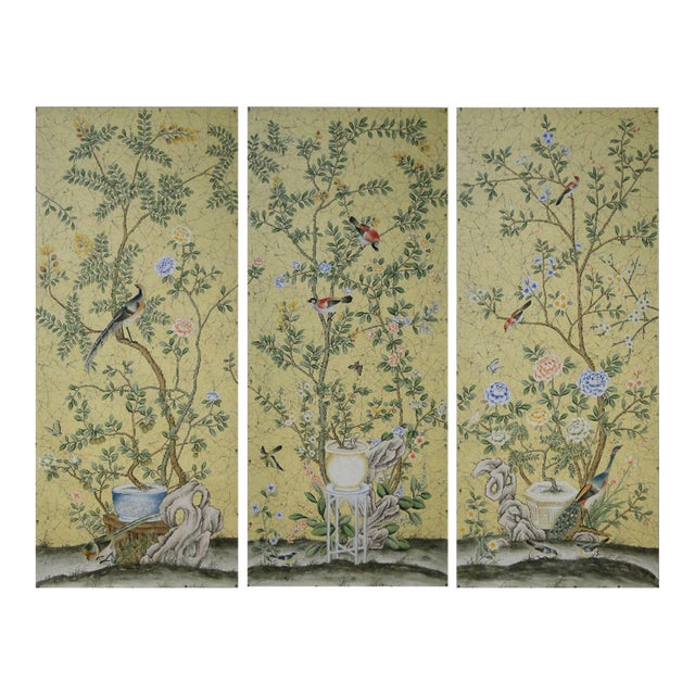 Triptych Unframed Hand-Mounted Chinoiserie India Tea Wallpaper Panels, 3 Pieces For Sale
