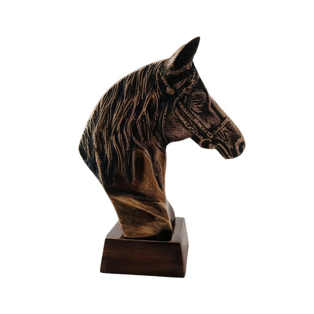 Antique Brass Finish Metal Horse Bust Sculpture For Sale - Image 6 of 9