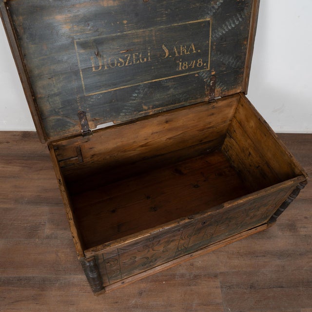 Rustic European Hungarian Carved Pine Flat Top Trunk Dated 1848 For Sale - Image 3 of 15