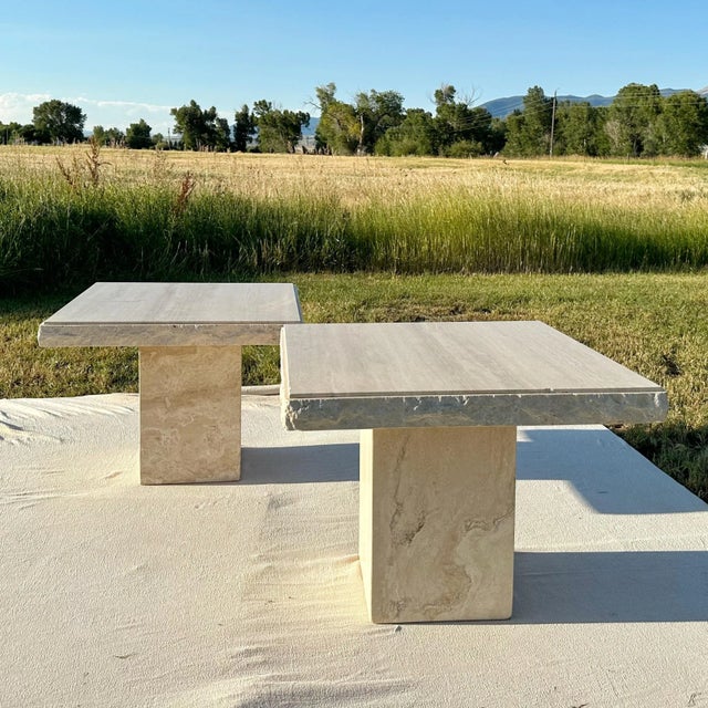 Contemporary Rough Cut Edge Travertine Side Tables - A Pair For Sale - Image 3 of 12
