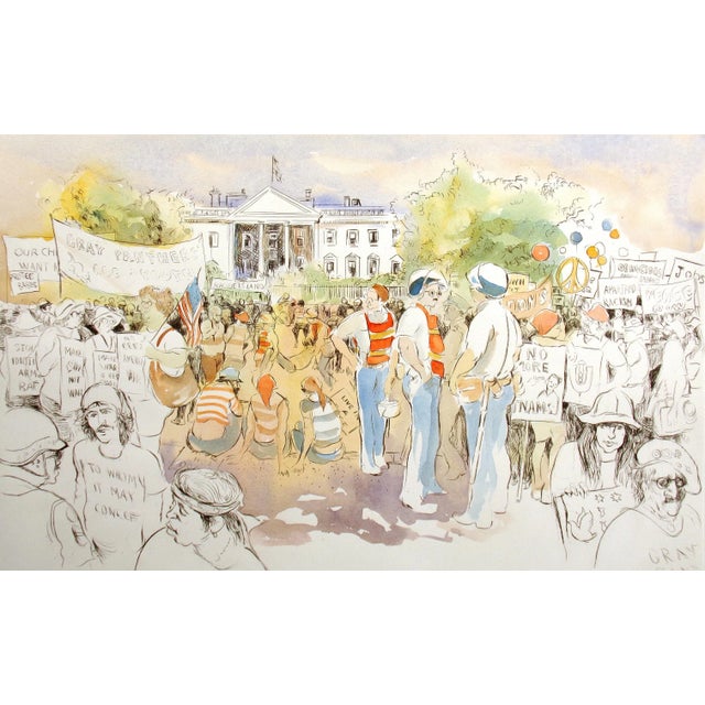 Impressionist William Papas "Demonstrators, Washington Dc" Signed Hand Colored Etching Artwork For Sale - Image 3 of 6