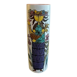 Mid-Century Faience Karneval Vase Girl With Rooster by Stig Lindberg for Gustavsberg Sweden