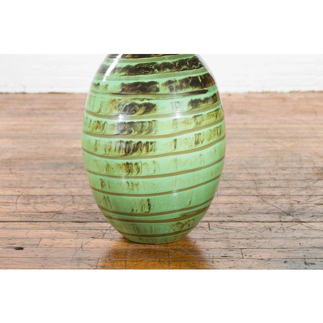 Artisan Contemporary Green and Brown Glaze Ceramic Vase with Spiral Decor For Sale - Image 10 of 13